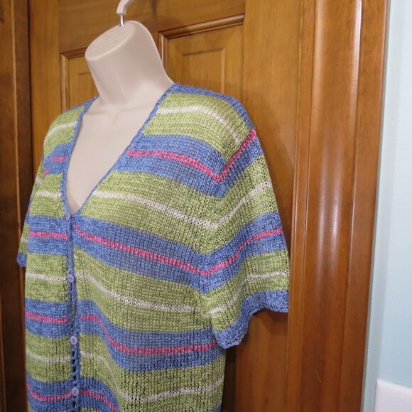 That's Me Sweater Short Sleeve Loose Weave Button Striped Multicolor Size Large - Picture 3 of 9